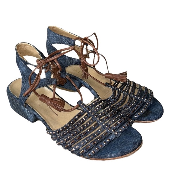 Stuart Weitzman Skippity Antique Denim Strappy Tassel Wrap Sandals 7.5 - Picture 2 of 16